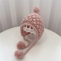 Hand-Woven Children Knitted Ear Protection Hat Autumn and Winter Thickened Baby Pineapple Grain Woolen Hat, Size: 48-53cm Head Circumference(Leather Pink)