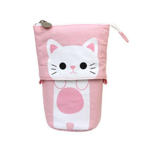 Corduroy Retractable Drop-Down Pencil Case Student Stationery Storage Bag(White Cat)