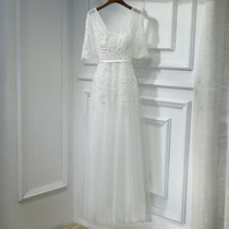 Sexy V-neck Evening Dress Robe Tulle Applique Evening Dresses, Size:XXXL (White Half Sleeve)