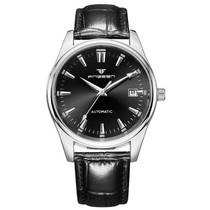 FNGEEN 2111 Men Simple Luminous Calendar Quartz Watch(Black Leather White Shell Black Surface)