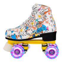 Adult Children Graffiti Roller Skates Shoes Double Row Four-Wheel Roller Skates Shoes, Size: 37(Flash Wheel White)