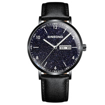 BINBOND B3820 Men Simple Luminous Quartz Watch Student Trendstarry Starry Sky Pattern Watch(Black Leather Black Shell White Nails)