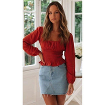 Square Collar Ruffled Lantern Long Sleeve Waist Chiffon Shirt Top (Color:Red Size:M)