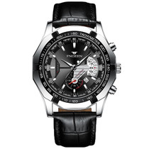 FNGEEN S001 Men Waterproof Watch Calendar Watch(Black Leather White Steel Black Surface)