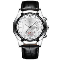 FNGEEN S001 Men Waterproof Watch Calendar Watch(Black Leather White Steel White Flour)