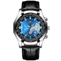FNGEEN S001 Men Waterproof Watch Calendar Watch(Black Leather White Steel Blue Surface)