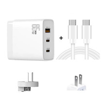 GAN 65W PD45W Dual Type-C / QC3.0 USB  Multi Compatible Charger + 2m USB-C to USB-C Data Cable AU + US Plug White