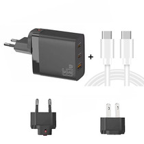 GAN 65W PD45W Dual Type-C / QC3.0 USB  Multi Compatible Charger + 2m USB-C to USB-C Data Cable EU + US Plug Black