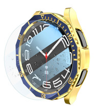 For Samsung Galaxy Watch6 Classic 47mm R960 Electroplate PC Case + Tempered Film + Watch Bezel Ring Set(Blue+Gold)