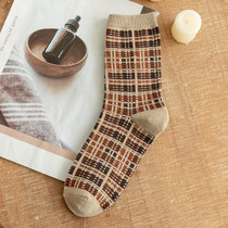 1pair Women Autumn and Winter Socks Brown Color Thick Retro Mid-calf Socks, Style: Stripe