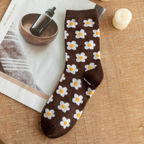 1pair Women Autumn and Winter Socks Brown Color Thick Retro Mid-calf Socks, Style: Sunflower