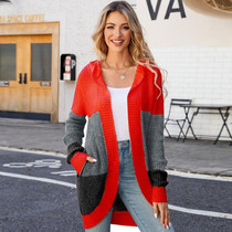 Women Casual Mid-Length Hooded Knit Cardigan Jacket, Size: M(Orange Red)