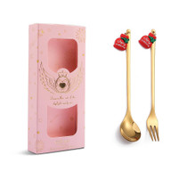 2pcs /Pack Christmas Mixing Spoon Fruit Fork With Pendant Flatware, Style: Fubuka (Pink Box)
