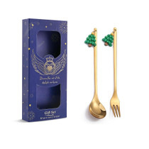 2pcs /Pack Christmas Mixing Spoon Fruit Fork With Pendant Flatware, Style: Tree (Blue Box)