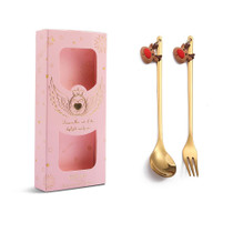 2pcs /Pack Christmas Mixing Spoon Fruit Fork With Pendant Flatware, Style: Elk (Pink Box)