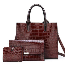 3-in-1 Women Handbag Simple Versatile Crocodile Pattern Large Shoulder Bag(Brown)