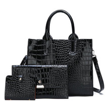3-in-1 Women Handbag Simple Versatile Crocodile Pattern Large Shoulder Bag(Black)