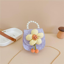 Children Cartoon Flower Pearl Handbag Princess Crossbody Bag Coin Purse(Purple)