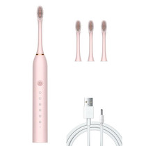 Rechargeable Ultrasonic Soft Bristle Electrical Toothbrushes Flosser 6 Gear With 4 Brushes(Pink)