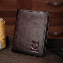 Bull Captain Men Wallet First-layer Cowhide Coin Clip RFID Retro Vertical ID Holder(Coffee)