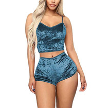 Ladies Sexy Velvet Crop Tops Pants Set Underwear Pajamas, Size: M(Lake Blue)