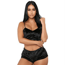 Ladies Sexy Velvet Crop Tops Pants Set Underwear Pajamas, Size: XL(Black)