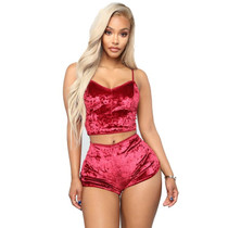 Ladies Sexy Velvet Crop Tops Pants Set Underwear Pajamas, Size: L(Red)