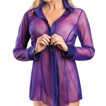 See-through Mesh Cardigan Shirt Pajamas Sexy Underwear For Women, Size: XL(Purple)