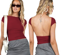 Women Sexy Backless Top Comfortable Breathable Slim Fit T-Shirt, Size: XS(ESSO026 Wine Red)