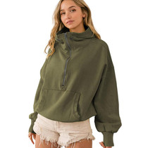 Women Hooded Sweatshirt Sports Hoodie Zipper Drawstring Long Sleeve Top Jacket, Size: L(Army Green)