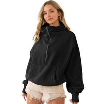 Women Hooded Sweatshirt Sports Hoodie Zipper Drawstring Long Sleeve Top Jacket, Size: S(Black)