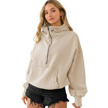 Women Hooded Sweatshirt Sports Hoodie Zipper Drawstring Long Sleeve Top Jacket, Size: L(Apricot)