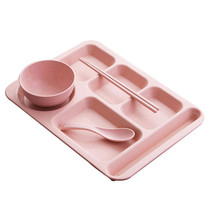 4pcs /Set Wheat Straw Split Dining Plate With Bowl Chopsticks Spoon Tableware Set(Pink)