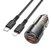 BOROFONE BZ20A Smart QC3.0 + PD65W Dual Ports Fast Charging Car Charger with Type-C to 8 Pin Cable(Transparent Black)