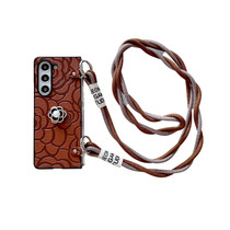 For Samsung Galaxy Z Fold4 5G Impression Camellia Pattern Protective Phone Case with Long Lanyard(Brown)