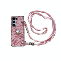 For Samsung Galaxy Z Fold4 5G Impression Camellia Pattern Protective Phone Case with Long Lanyard(Pink)