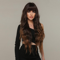 Women Long Hair Wig with Bangs Gradient Fluffy Water Ripple Curly Hair Wig, Color: Gradient Brown LC2029-1