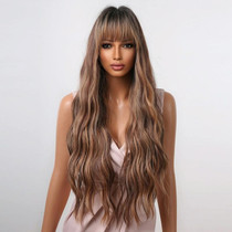 Women Long Hair Wig with Bangs Gradient Fluffy Water Ripple Curly Hair Wig, Color: Mixed Brown LC2039-1