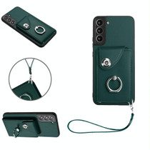 For Samsung Galaxy S22 5G Organ Card Bag Ring Holder PU Phone Case with Lanyard(Green)