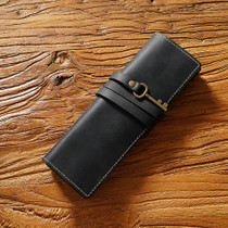 Retro Genuine Leather Pen Curtain Pencil Case Tie Rope With Key(Crazy Horse Black)