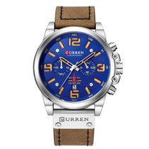 Curren 8314 Sports Six-Hand Waterproof Leather Strap Calendar Men Quartz Watch, Color: White Shell Blue