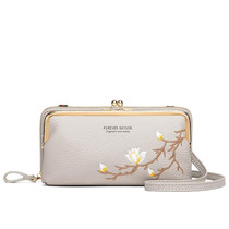 Embroidered Large Capacity Single-shoulder Phone Bag Crossbody Zipper Long Ladies Wallet, Color: Gray