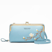 Embroidered Large Capacity Single-shoulder Phone Bag Crossbody Zipper Long Ladies Wallet, Color: Blue