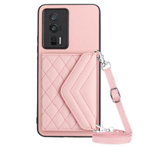 For Xiaomi Redmi K60 / K60 Pro Rhombic Texture Card Bag RFID Phone Case with Long Lanyard(Rose Gold)
