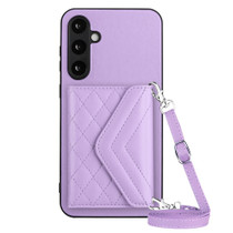 For Samsung Galaxy S23 FE 5G Rhombic Texture Card Bag RFID Phone Case with Long Lanyard(Light Purple)