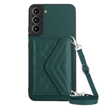 For Samsung Galaxy S21 FE Rhombic Texture Card Bag RFID Phone Case with Long Lanyard(Green)