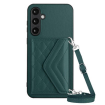 For Samsung Galaxy S23 FE 5G Rhombic Texture Card Bag RFID Phone Case with Long Lanyard(Green)