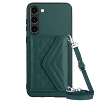 For Samsung Galaxy S23 5G Rhombic Texture Card Bag RFID Phone Case with Long Lanyard(Green)