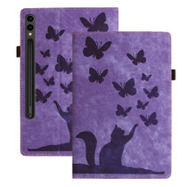 For Samsung Galaxy Tab S9 Ultra / S8 Ultra Butterfly Cat Embossing Leather Tablet Case(Purple)