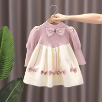 Girls Sweater Dress Bubble Sleeve Knitted Princess Dress  90cm(Pink)